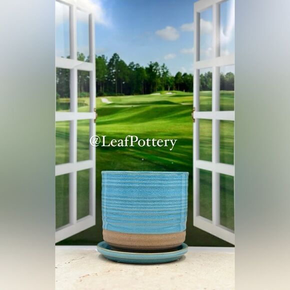 Bluish Blue/Beige Ceramic Planter Pot with Saucer Attached - Picture 1 of 11